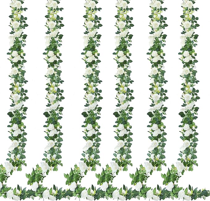 Artificial Rose Vine Garland, 6 Pack, White Silk, 7.75 Ft Each