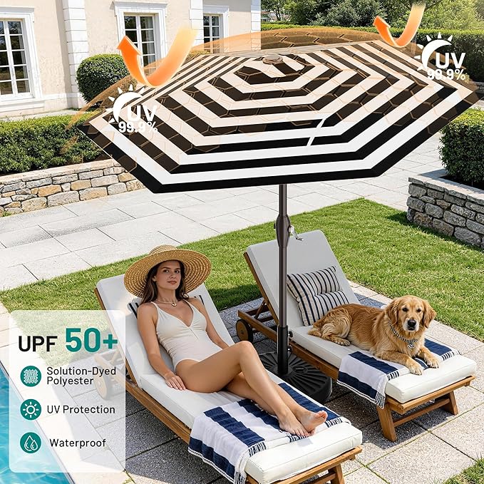 AreShark 7.5FT Patio Umbrella Table Market Umbrella with 6 Sturdy Ribs, Button Tilt/Crank, Heavy-Duty Outdoor Umbrellas for Pool, Deck, Garden and Backyard, Black & White Stripe