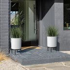 Veradek Demi Series Round Planter w/ Stand for Porch/Patio | Durable Plastic-Concrete & Wooden Stand | Modern Décor for Tall Plants, Flowers