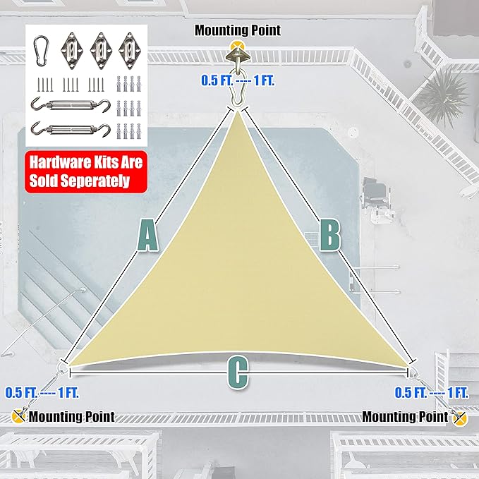 Amgo Custom Size 12' x 12' x 12' Beige Triangle Sun Shade Sail Order to Make Canopy Awning UPF50+ AGSLT, 95% UV Blockage, Water & Air Permeable, 200GSM Commercial Standard (We Customize)