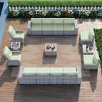 15-Piece Outdoor Patio Furniture Set with Rocking Swivel Chair Wicker Sectional Sofa Set, Patio Conversation Set with Thickened Cushions & Coffee Table for Garden, Backyard, Light Green