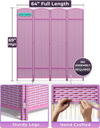 Sorbus 4-Panel Black Room Divider with Double Hinged Panels, 6 ft Tall Folding Privacy Screen