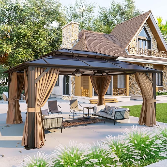 Aoxun 12'x16' Hardtop Gazebo, Aluminum Frame Permanent Pavilion with Curtains and Netting, Outdoor Polycarbonate Double Roof Canopy, Designed for Garden, Lawns, Patio