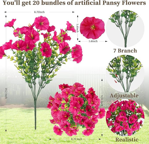 20PCS Artificial Fake Flowers for Outdoors/Indoors, Faux Silk Colorful Morning Glory with Eucalyptus, UV Resistant Realistic Floral Arrangement for Garden Porch Window Box Home Balcony Yard (5 Colors)