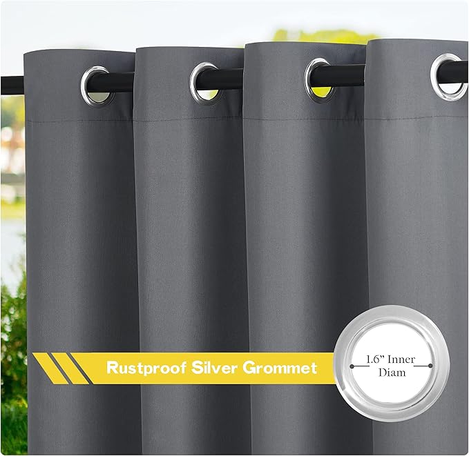 NICETOWN Canvas Outdoor Curtains Extra Wide for Patio Waterproof, Rustproof Grommet Outside Vertical Drapes for Gazebo & Porch & Cabana, W100 x L84, Dark Grey, 2 Panels