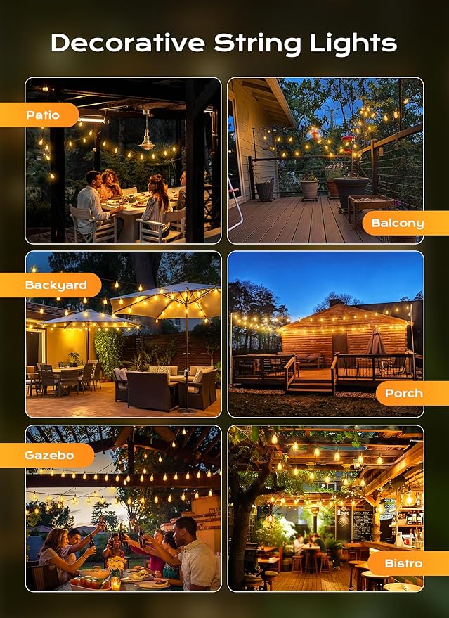 Black Patio String Lights, 150 FT Warm White with 47 ST38 LED Bulbs