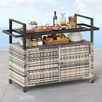 DWVO XXL Patio Storage Cabinet,Outdoor Bar Cart with Glass Top,Outdoor Storage Cabinet with Wheels for Patio, Poolside and Backyard, Grey