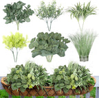 24Pcs Artificial Outdoor Plants UV Resistant Fake Plastic Greenery Boxwood Eucalyptus Spring Onion Grass for Outside Yard Front Porch Patio Window Box Planter Hanging Basket Decor (Grey Green)