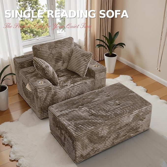 CHORRO67 Chaise Lounge Chair Indoor,Oversized Boneless Single Sleeeper Couch Bed,Corduroy Cloud Sofa with 3 Soft Pillows for Livingroom,Bedroom,No Assembly,(Khaki)