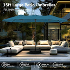 PHI VILLA 15ft Large Patio Umbrellas with Base Included, Outdoor Double-Sided Rectangle Market Umbrella with Crank Handle, for Poolside Lawn Garden, Cyan