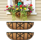LaLaGreen 24 Inch, 2 Pack Window Boxes Planters – Black Metal Window Boxes for Outdoor Plant, Wall Mount Flower Pot with Coco Coir Liner, Attach to House Fence Balcony Herb for Patio Porch Garden