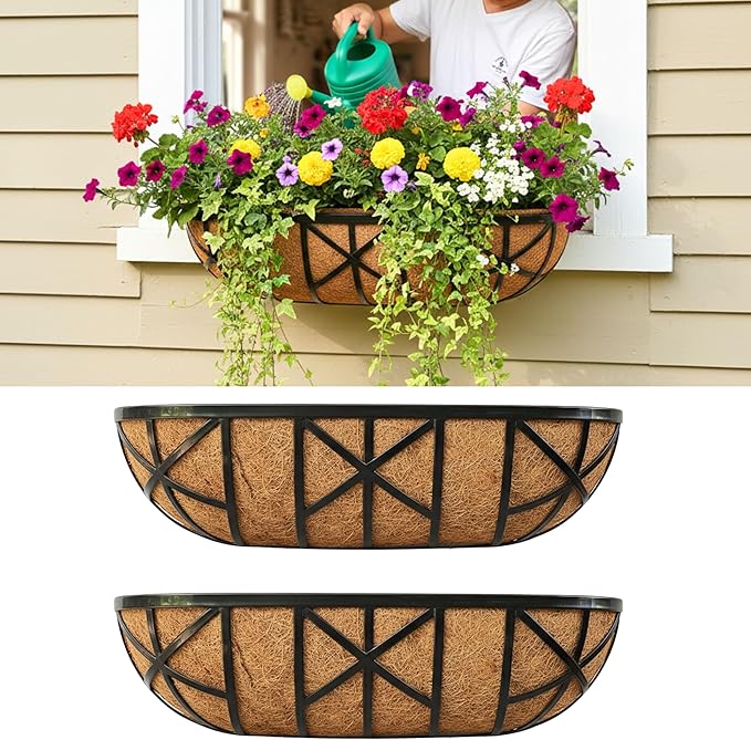 LaLaGreen 24 Inch, 2 Pack Window Boxes Planters – Black Metal Window Boxes for Outdoor Plant, Wall Mount Flower Pot with Coco Coir Liner, Attach to House Fence Balcony Herb for Patio Porch Garden