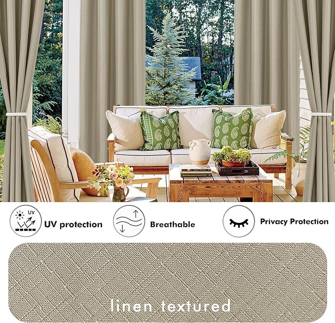 Outdoor Curtains, 4 Panels, Taupe Waterproof Linen-Blend, 54 x 95 Inch