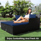 Tangkula Outdoor Rattan Daybed, Sunbed Wicker Furniture w/Spacious Seat, Upholstered Cushion & High-Resilience Sponge, Wicker Patio Sofa Set w/Extra Pillows for Courtyard Poolside (Navy)