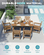 Ciokea HDPE Outdoor Dining Set, 7-Piece Patio Table and Chairs Set with Umbrella Hole, All-Weather Patio Dining Sets for 6, Durable Patio Furniture for Backyard, Garden, Lawn & Poolside, Teak