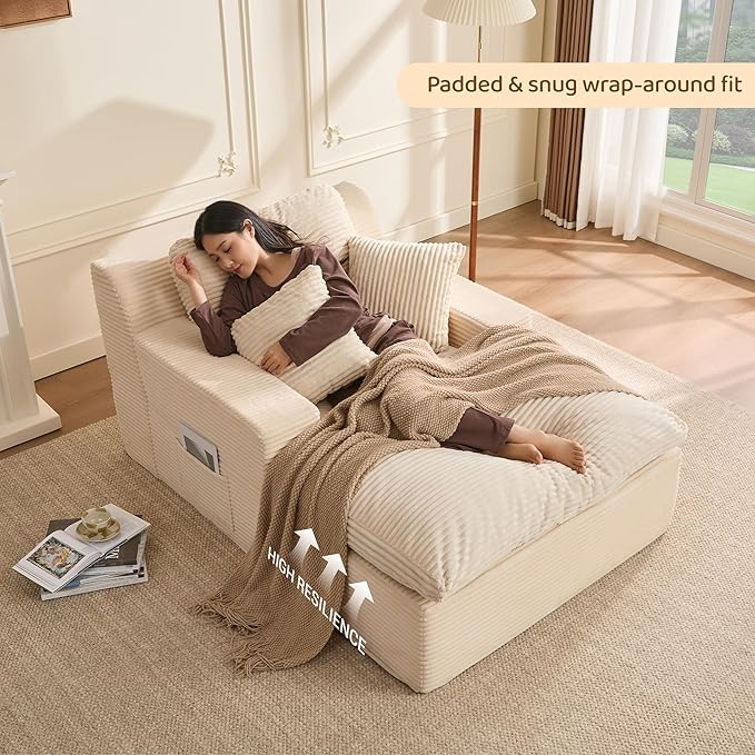 63" Chaise Lounge Chair Indoor, Set of Convertible Sleeper Sofa Couch with Throw Pillows & Side Pockets, Corduroy Upholstered Oversized Sofa Bed with Armrests for Living Room Bedroom, Beige