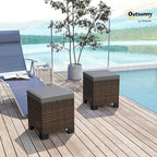 Outsunny 2 Pieces Outdoor Patio Ottomans, All Weather Wicker Outdoor Footstools with Removable Cushions, 3-in-1 PE Rattan Ottoman Seat, Footrest and Side Table for Backyard, Poolside, Gray