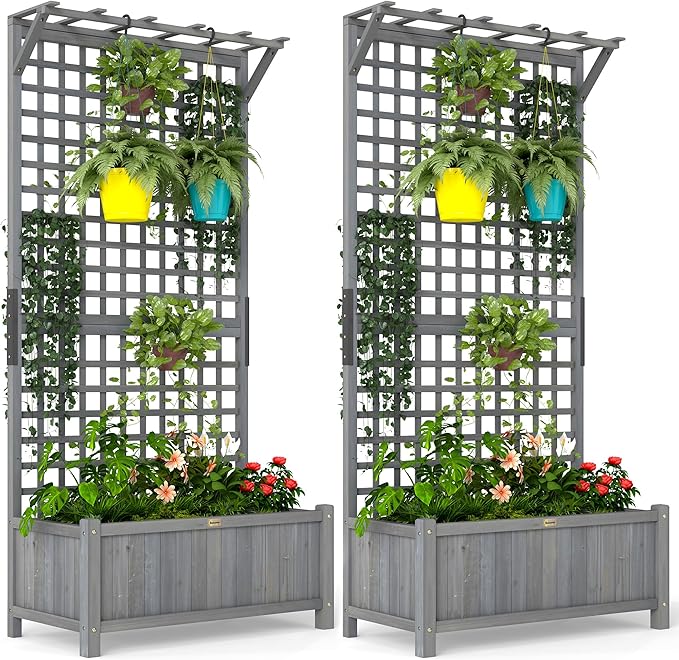 Outsunny Wood Planter with Trellis, Raised Garden Bed for Climbing Plants w/Drainage Holes and Roof, 35.5" x 17.75" x 72", Pack of 2, Dark Gray