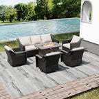 Joyside Wicker Patio Furniture Sets, 8 Pieces Upgraded Large Size Outdoor Furniture with 4 Swivel Rocking Patio Chairs, 3-Seat Sofa, Fire Table, Coffee Table, Thick Cushions, Wide Armrest, Beige