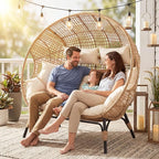 NICESOUL® Double Egg Chair Indoor Outdoor Stationary Oversized 6.5" Thick Padded Cushions,2 Person Egg Wicker Loveseat Chair,680 lbs Extra Large Lounge Chair for Patio Balcony Porch Backyard Beige