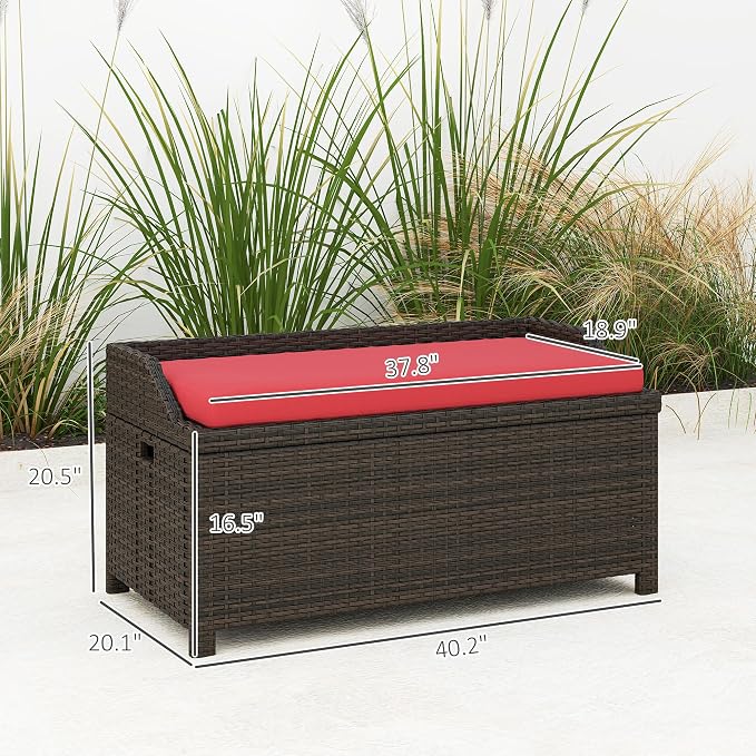 Patio Bench Deck Box, 34 Gallon Brown PE Rattan with Cushion