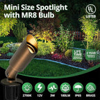 GKOLED Mini Size Brass Landscape Spotlight, Low Voltage 12V AC/DC Outdoor Directional Up Light, 180 LM, 3W MR8 LED Bulb ABS Ground Stake, 2700K Warm White, Garden Patio Trees Spot Uplight