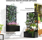 Outsunny Metal Raised Garden Bed with Trellis for Climbing Plants, Freestanding or Wall Mounted Flower Bed with Privacy Panel, Twigs and Leaves Cut-Outs Outdoor Planter Box for Garden, Patio, Balcony