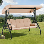 HOMREST 3 Seat Outdoor Porch Swing with Adjustable Canopy, Convertible Patio Swing Bed with Stand, Patio Glider Swing with Upgraded Cup Holder, Thicken Cushions ＆ Pillow for Backyard(Khaki)