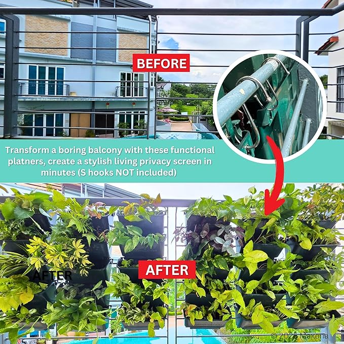 Maxona Black Color Vertical Garden Planter - 8 Pack, 13 inch Wall Mounted Planter for Patio Outdoor Decor, Home Plastic Pot Balcony Plant Vegetable Fruit Herb Hanging Pocket Holder Flowerpot
