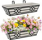 2 Pack 24 Inch Railing Boxes Planter for Outdoor Plants Adjustable Brackets for Porch Fence and Balcony Window Planter Box with Non-Woven Fabric Liner for Hanging Flower Baskets (2, Black)
