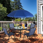 Vongrasig 6 Pieces Folding Patio Dining Set, All Weather Small Metal Outdoor Table and Chair Set, Garden Patio Furniture Set w/Umbrella, Glass Table & 4 Folding Chairs for Lawn, Backyard, Blue