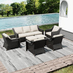 Joyside Wicker Patio Furniture Sets, 7 Pieces Upgraded Large Size Outdoor Furniture with 4 Swivel Rocking Patio Chairs, 3-Seat Sofa, Outdoor Ottoman, Thick Cushions, Wide Armrest, Beige