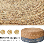 Wimarsbon Round Foot Stool Natural Seagrass Poufs Ottoman Hand Weave Footrest Stool for Couch Desk Extra Seat Step Stool with Solid Wood Legs for Hallway Patio Lounge Blue