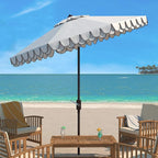 SAFAVIEH 9ft Outdoor Patio Umbrella, Round, Valance, Ivory & Navy Trim, Auto Crank Tilt, UV Resistant for Deck, Backyard, Poolside (PAT8006F)