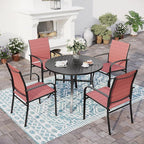 5 Piece Patio Dining Set for 4, 42" x 42" Round Metal Table with Umbrella Hole and 4 Red Chairs, Outdoor Table and Chairs Set for Lawn Backyard and Deck