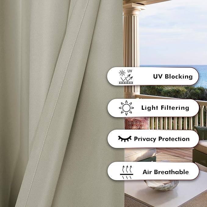 BONZER Outdoor Waterproof Curtains for Patio Wide Grommet Light Filtering Outside Curtains for Gazebo, Porch, Pergola, Pavilion, 1 Panel, 110W x 95L inch, Taupe