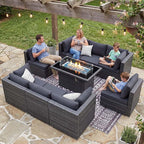 NICESOUL 9 Piece Modern Oversized Outdoor Patio Furniture Set with Firepit Table Propane/Natural Gas, 29.3'' High Back Deep Wide Conversation, Luxury 8 Seats Modular Sectional for Backyard, Gray