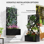 Outsunny Metal Raised Garden Bed with Trellis for Climbing Plants, Freestanding or Wall Mounted Flower Bed with Privacy Panel, Leaves Cut-Outs Outdoor Planter Box for Garden, Patio, Balcony
