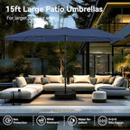 PHI VILLA 15ft Large Patio Umbrellas with Base Included, Outdoor Double-Sided Rectangle Market Umbrella with Crank Handle, for Pool Lawn Garden, Navy Blue