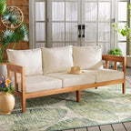 SAFAVIEH Outdoor Collection Owen Acacia Solid Wood Natural/Taupe Cushion 3-Seater Sofa