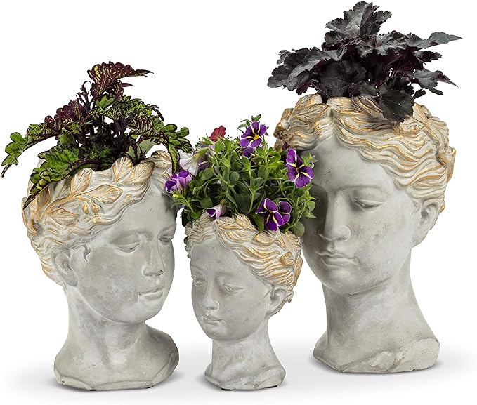 Abbott Collection Aphrodite Head Planter – Extra Small Indoor and Outdoor Planter Pots - Whimsical Woman Statue Head Planter for Flowers and Succulents (Grey/Gold, 6.5" Tall, 2.75" Opening)