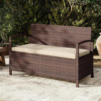 Tangkula 42 Gallon Outdoor Bench with Storage, Outdoor PE Rattan Storage Bench with Cushion, Backrest & Acacia Wood Armrests, Metal Frame, Waterproof Deck Box Seat for Porch Backyard Poolside