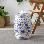 JONATHAN Y TBL1000A Lotus Flower 17.8" Chinoiserie Ceramic Drum Indoor/Outdoor Garden Stool Bohemian, Coastal, Classic, Cottage, French Country, Traditional, Bathroom, Garden Room, Patio, Blue/White