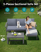 SERWALL Outdoor Sectional Sofa Set, 5-piece Outdoor Modula Couch Set with Ottoman, All Weather Patio Furniture Set with Chaise for Deck, Lawn, Gray Frame with Gray Cushion