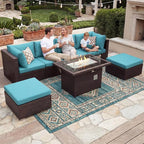 NICESOUL 7 Piece Patio Furniture Set with Natural Gas/Propane Firepit, 29.3'' High Back Comfy Outdoor Conversation Sofa Sets, Deep Seat Sectional Couch for Heavy Weight, Brown Rattan and Teal Cushion
