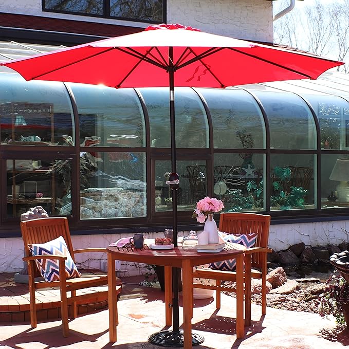 Sunnydaze Outdoor Patio Umbrella - Polyester Table Market Umbrella with Push-Button Tilt and Crank - 8 Sturdy Ribs - Red - 9ft