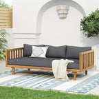 Merax Outdoor Acacia Wood Conversation Set - Patio 3-Seat Loveseat Sofa w/Coushion and Round Coffee Table for Backyard, Lawn, Balcony, Teak+Dark Gray