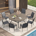VICLLAX Patio Table and Chair Set of 8, All Weather Metal Round Outdoor Dining Furniture Set-53 Round Outdoor Table and Chairs, Grey Wood Grain Tabletop