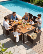 Flamaker 7 Piece Patio Dining Set Outdoor Acacia Wood Table and Chairs with Soft Cushions Wicker Patio Furniture for Deck, Backyard, Garden (Brown)