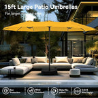 PHI VILLA 15ft Large Patio Umbrellas with Base Included, Outdoor Double-Sided Rectangle Market Umbrella with Stand, Outside Umbrellas for Poolside Lawn Garden, Golden Yellow